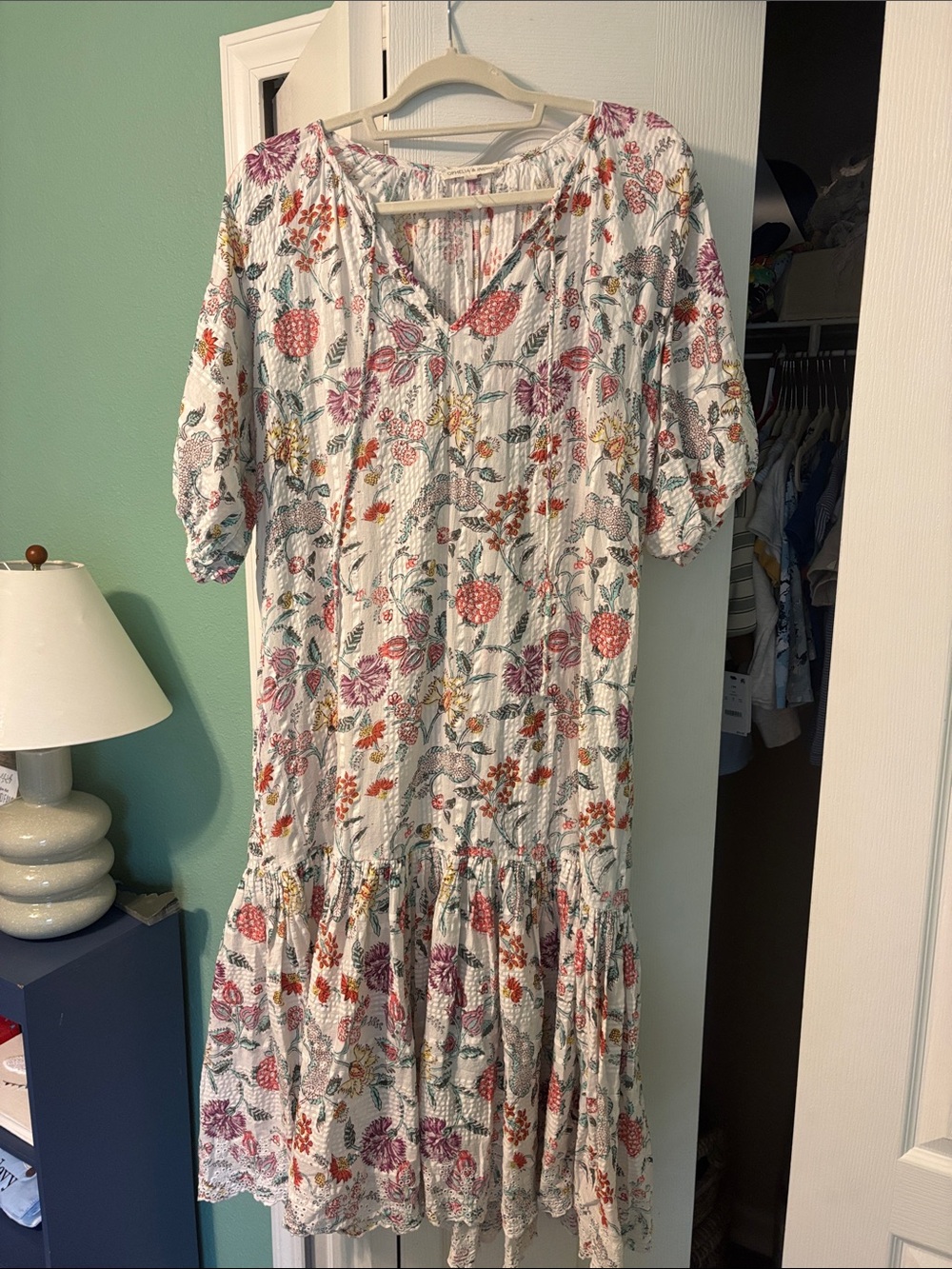 Floral V-Neck Tiered Midi Dress in White with Pink & Green Print
